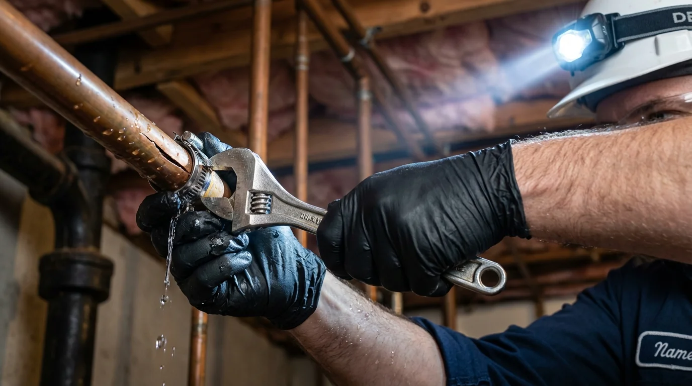 Emergency pipe clamp repair being performed by a Johns Plumbing LLC plumber in Walsenburg