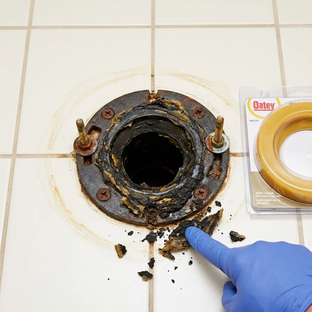 Failed wax ring showing water seepage at the base of a toilet in a Walsenburg, CO home