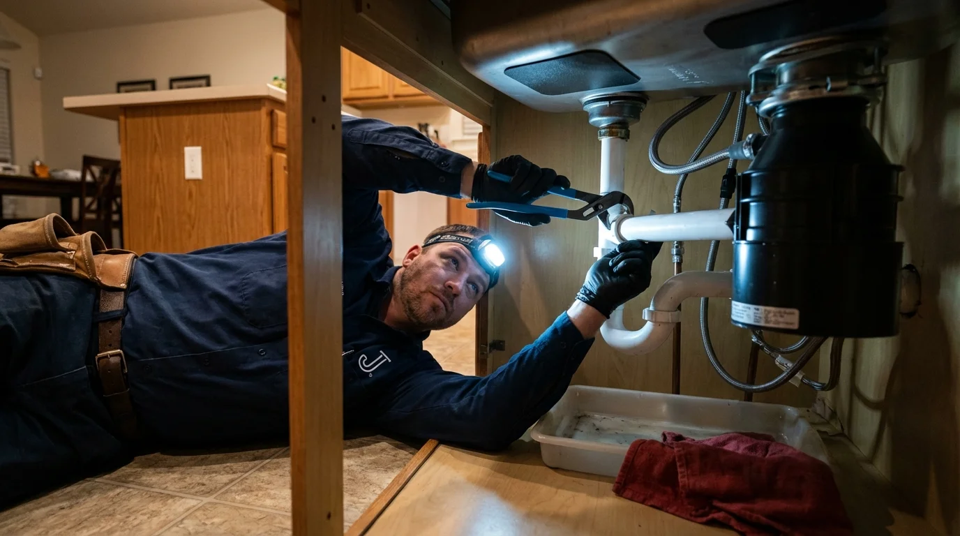 P-trap and supply line connections under a kitchen sink showing a common leak point in Walsenburg, CO